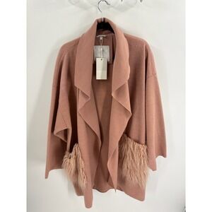 SOSKEN STUDIOS Millennial Pink Fur Trim Cardigan Sweater Duster Size 3/4